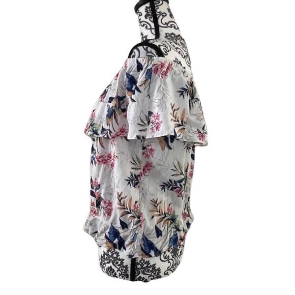 AMERICAN EAGLE OUTFITTERS RUFFLED BARDOT NECKLINE FLORAL SHORT SLEEVE WOMENS MED - Picture 2 of 8